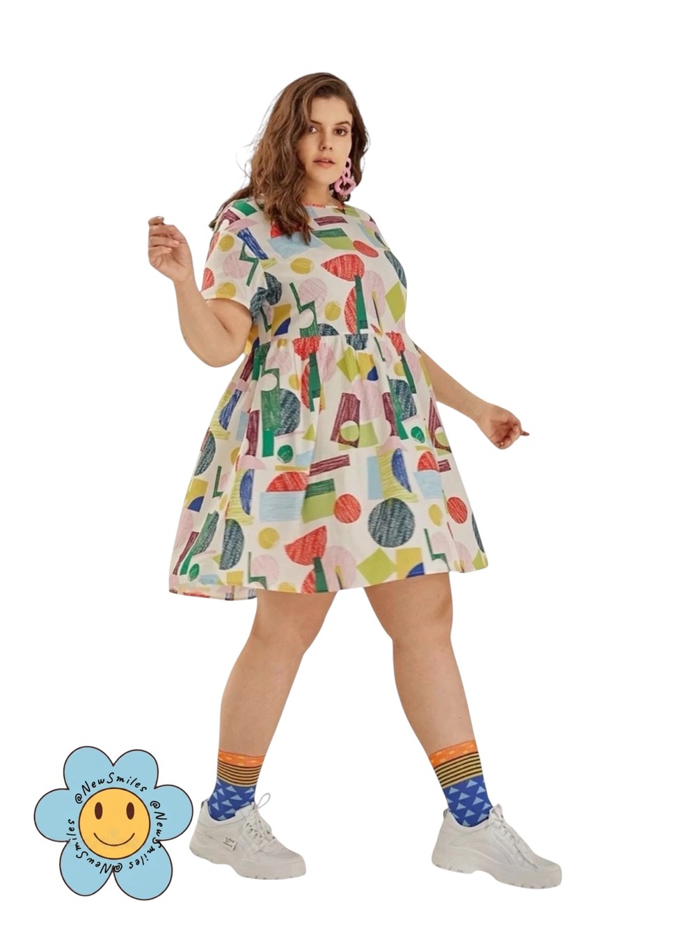 SHEIN CURVE ~ Babydoll Mini Dress ~ Multicolor ~ Geometric & Abstract ~ Print